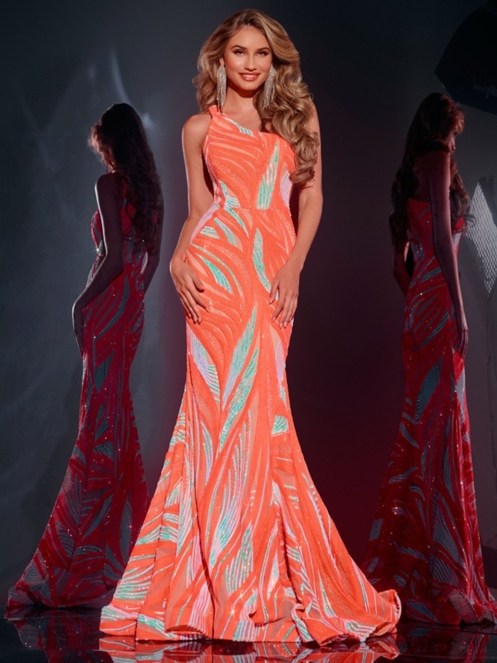 Jovani Coral and Mint Halter Prom Gown